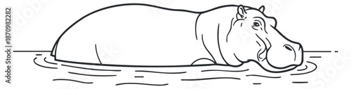 A simple outline illustration of a hippopotamus swimming in water in minimalist vector style, ideal for wildlife-themed designs