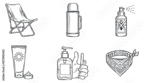 A collection of summer and beach essentials including a chair, sunscreen, water bottle, spray, and bandana in minimalist outline vector style, perfect for vacation-themed designs