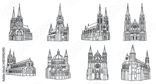 A collection of eight architectural illustrations of cathedrals and churches in black and white outline vector style, suitable for travel and cultural projects