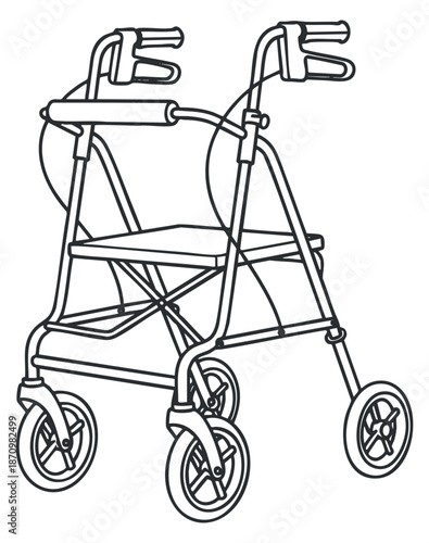 A line art illustration of a walker with wheels in a minimalist vector style, ideal for health and mobility-related projects