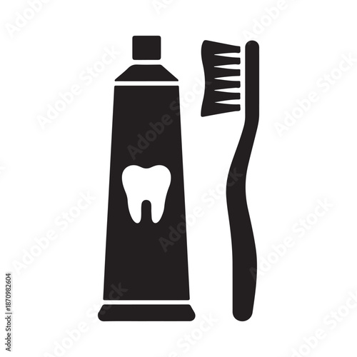 Simple black and white illustration depicting toothpaste tube and toothbrush for dental hygiene