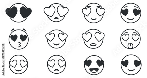 A collection of heart-themed emojis with various expressions in a clean black and white vector style, suitable for social media and communication designs