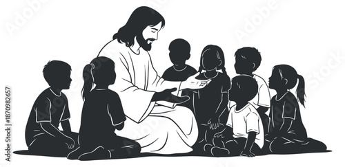 A silhouette illustration of Jesus teaching a group of children in black and white vector style, ideal for religious and educational themes