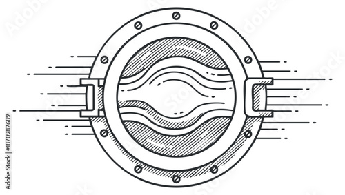 A detailed illustration of a nautical porthole with waves in an outline vector style, ideal for marine-themed designs