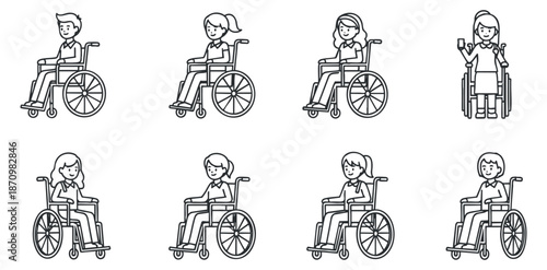 A collection of eight icons depicting individuals in wheelchairs in minimalist line art style, suitable for healthcare and accessibility themes