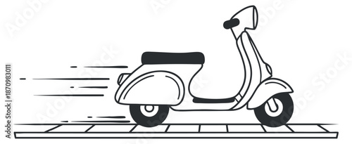 A classic scooter in motion with speed lines in black and white outline vector style, perfect for transportation themes and urban graphics