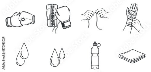 A collection of boxing gloves, hand wraps, water bottle, and sweat towel in minimalist outline vector style, suitable for fitness and training projects