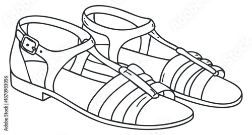 A pair of stylish sandals with straps in outline vector style, perfect for summer fashion illustrations