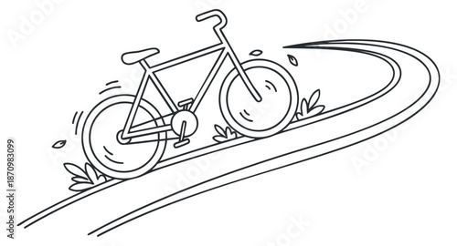 A bicycle riding on a winding road with leaves in minimalist black and white vector style, suitable for fitness and outdoor themes