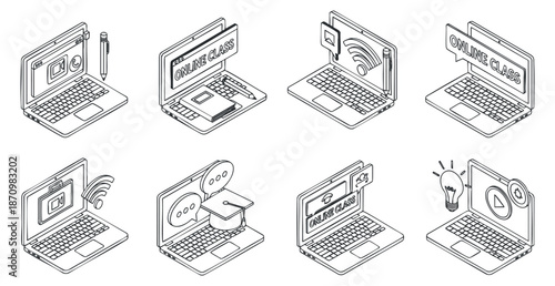 A set of online class icons featuring laptops, screens, and educational symbols in an outline vector style, suitable for digital learning platforms