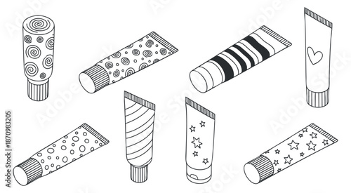 A collection of various cosmetic tubes with decorative patterns in black and white outline vector style, perfect for beauty branding and packaging