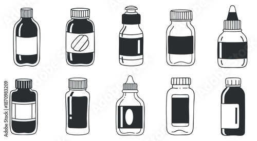 A set of various bottles including medicine and liquid containers in black and white outline vector style, suitable for health and wellness branding