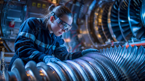A woman in a blue uniform inspecting a large metal turbine