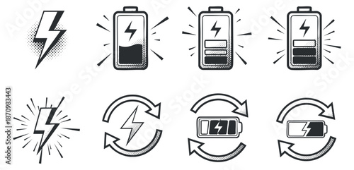 A set of battery and lightning icons in black and white vector style, perfect for technology and energy-related projects