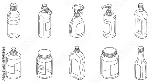 A collection of various bottle designs in outline vector style, suitable for product packaging and branding projects