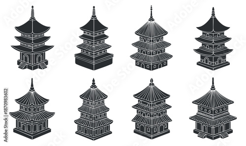 A collection of eight distinct pagoda structures in black and white outline vector style, ideal for cultural design projects