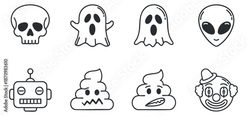 A collection of spooky and playful Halloween icons including a skull, ghosts, alien, robot, and clown in minimalist outline vector style, perfect for party invitations and decorations