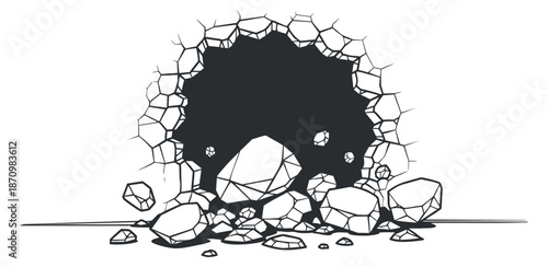 A geometric illustration of a breaking rock wall with debris in flat black and white vector style, suitable for construction and adventure themes