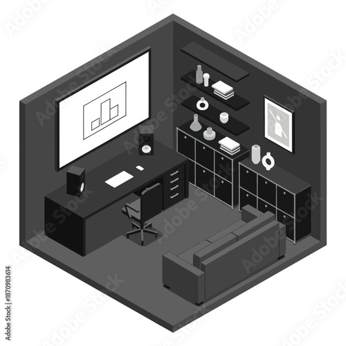 Isometric Office Room with Modern Furniture and Decor.