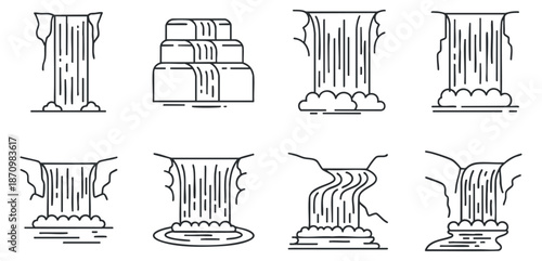 A set of eight waterfall illustrations in minimalist black and white outline style, ideal for nature-themed projects and designs