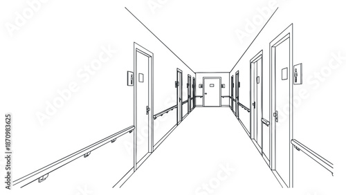 A linear perspective view of a hallway with multiple doors in minimalist black and white vector style, ideal for architectural design projects