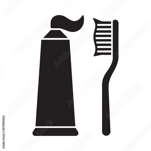 Simple black and white illustration depicting a tube of toothpaste and a toothbrush side by side