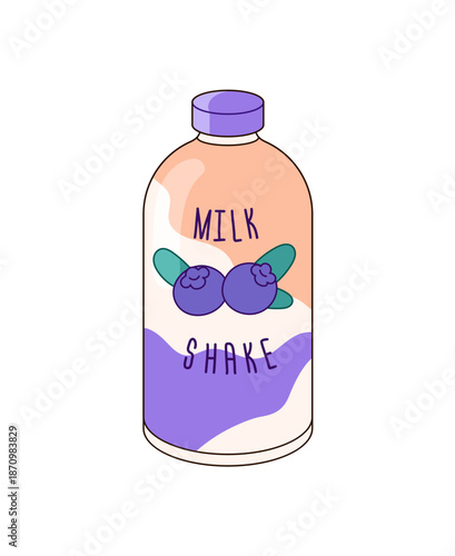 Icon of plastic bottle of milkshake with berries. Milk shake package with fruit flavor. Liquid yogurt, dairy product. Full container of drink. Flat isolated vector illustration on white background.