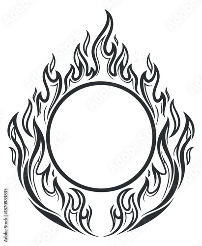 A stylized flame design surrounding a circular space in black and white outline vector style, ideal for logo or tattoo designs