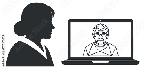 A silhouette of a woman interacting with a laptop showing a geometric avatar in minimalist vector style, ideal for tech and communication projects