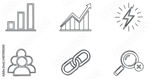 A collection of business and technology icons in minimalist outline vector style, suitable for presentations and digital projects