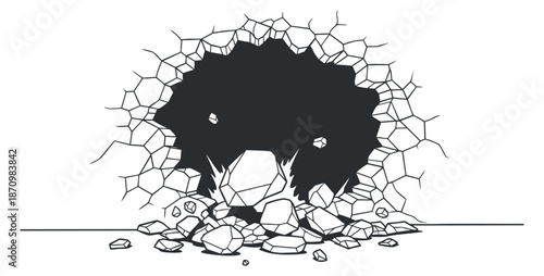 A cracked wall with debris and stones in black and white outline vector style, ideal for construction and renovation themes