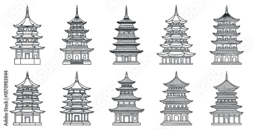 A collection of ten distinct pagoda illustrations in outline vector style, suitable for architectural design and cultural projects