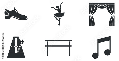 A set of ballet-themed icons including shoes, a dancer, a curtain, a metronome, a ballet bar, and a musical note in black and white vector style, suitable for dance and performing arts projects