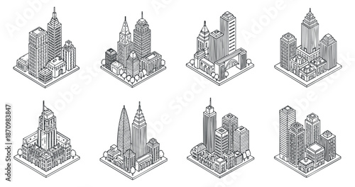 A set of eight isometric city buildings in monochrome outline style, ideal for urban planning and architectural design projects