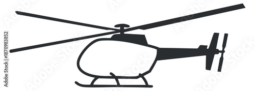 A silhouette of a helicopter in black vector style, suitable for transportation and aviation designs