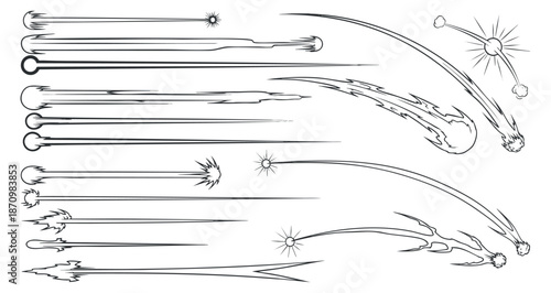 A collection of dynamic motion lines and comet trails in black and white outline vector style, suitable for graphic design and visual effects