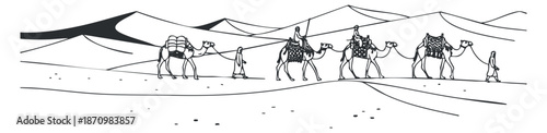 A group of travelers with camels in a minimalist black and white vector illustration, depicting a desert landscape and adventure