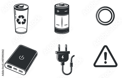 A collection of battery, power bank, plug, and warning icons in clean black and white vector style, suitable for technology projects