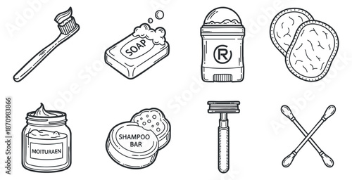 A collection of hygiene and skincare products including a toothbrush, soap, shampoo bar, moisturizer, and razor in black and white outline vector style, perfect for beauty and wellness branding