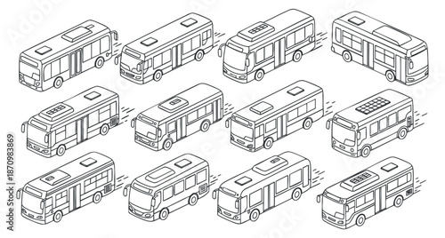 A collection of various bus designs in a clean lineart vector style, suitable for transportation and urban planning projects