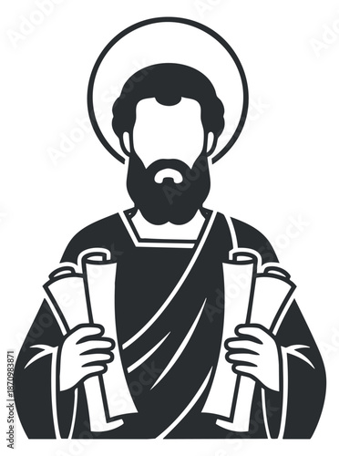 A depiction of a saint holding scrolls in black and white vector style, suitable for religious themes and illustrations
