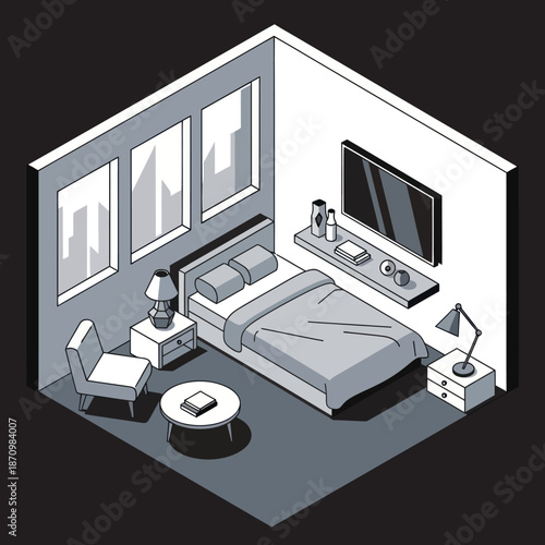Isometric Bedroom Interior with Modern Furniture.