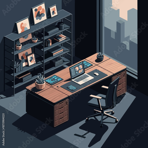 Modern Office Desk with Computer and Chair.