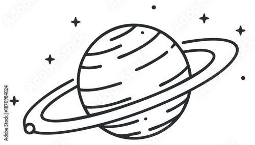 A simple outline illustration of a planet with rings and stars in a minimalist vector style, suitable for educational materials and space-themed designs