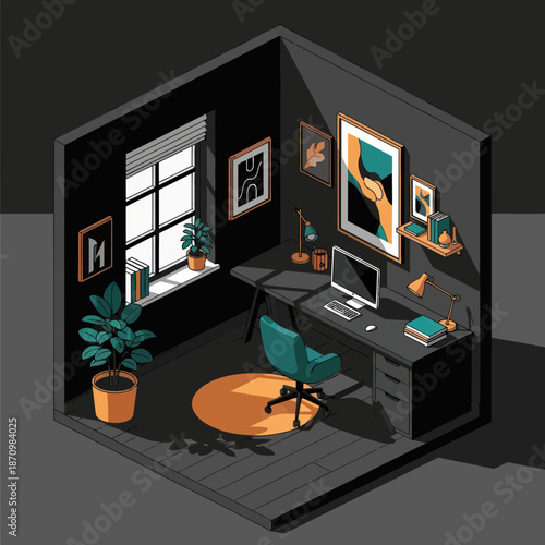 Modern Office Workspace with Computer and Plants.
