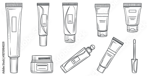 A collection of skincare product tubes and containers in clean outline vector style, perfect for beauty branding and packaging