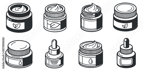 A collection of skincare cream jars and droppers in black and white outline vector style, suitable for beauty and wellness branding