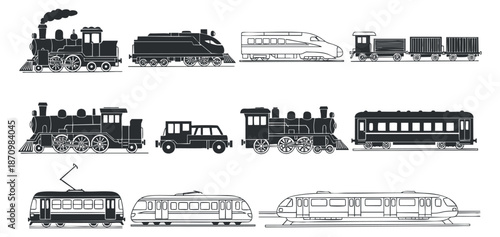 A set of various train illustrations including steam locomotives, modern trains, and freight cars in black and white vector style, perfect for transportation design projects