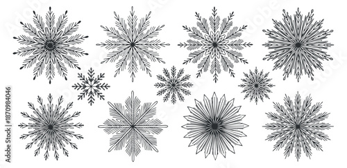 A collection of intricate snowflake designs in black and white vector style, perfect for winter-themed crafts and holiday decorations