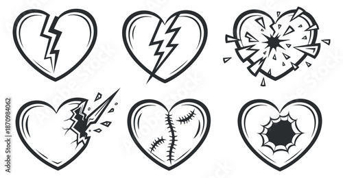 A collection of broken heart illustrations in black and white outline vector style, ideal for emotional and romantic design projects
